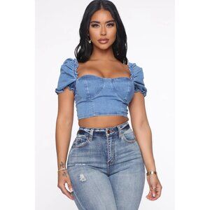 Fashion Nova Blue Denim Macron Dates Cropped Top - Medium Wash Women's Size S